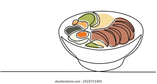 Desenho de linha contínua de ramen em uma tigela. Estilo minimalista apresentando um prato de macarrão clássico. Ilustração vetorial.