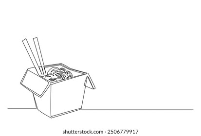 Continuous line drawing of Ramen Noodles in paper box. Noodles simple outline illustration. 