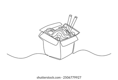 Continuous line drawing of Ramen Noodles in paper box. Noodles simple outline illustration. 