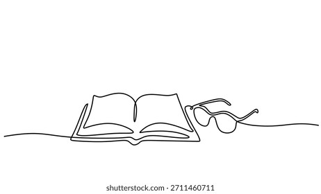 Dibujo de línea continua de gafas de lectura en un libro abierto. Ilustración vectorial minimalista, trazo editable dibujado a mano.