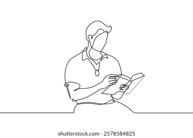 Continuous Line Drawing of Reading Man with Book in Sitting Pose. One Line Drawing of Male with Book. Reading or Library, Education Concept Single Line Vector Illustration. Not AI