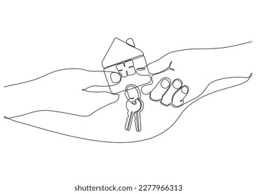 continuous line drawing of real estate agent giving keys to apartment owner, buying selling property business. Close up of hand (man or woman) taking house keys from realtor.