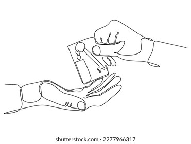 continuous line drawing of real estate agent giving keys to apartment owner, buying selling property business. Close up of hand (man or woman) taking house keys from realtor.