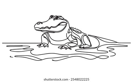 A continuous line drawing of a realistic alligator