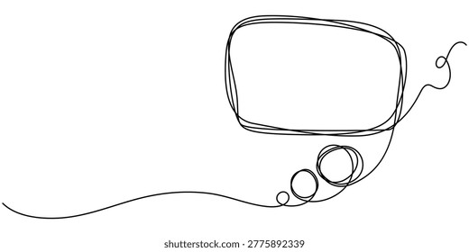 Continuous line drawing of a rectangular speech bubble with a tail pointing right, isolated on white background, Speech bubble continuous one line art icon for modern communication concepts, Speech bubble continuous one line drawing and minimalist style isolate outline vector illustration. one line Icon drawing