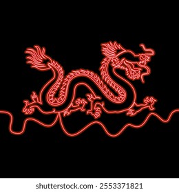 Desenho de linha contínua ícone dragão chinês vermelho neon brilho vetor ilustração conceito