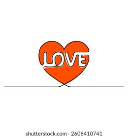 Continuous line drawing. Red heart with the inscription Love inside. Love sign. Simple vector illustration. Isolated on white background.