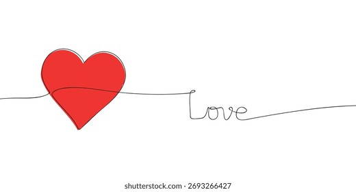 Continuous line drawing of a red heart connected with the word love. Minimal vector illustration for Valentine’s Day greeting card, romantic poster, or love concept design.