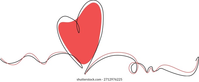 Dibujo de línea continua de un corazón rojo Minimalista línea de arte sobre fondo blanco