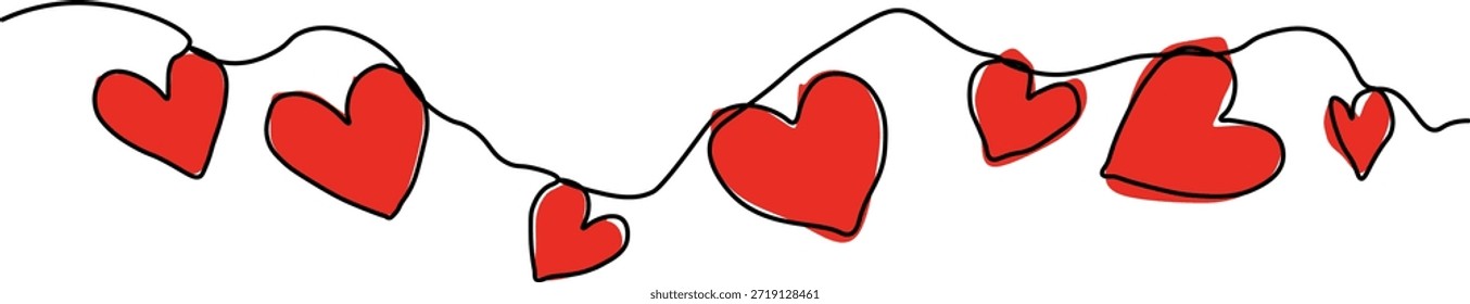 Dibujo de línea continua de la guirnalda de corazones rojos. Arte vectorial de Anuncio de amor minimalista.
