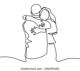 Continuous line drawing relationship vector. One hand drawn of young man and woman in love. Guy and girl want to kiss each other. People embrace and share happiness. Simplicity lineart design.