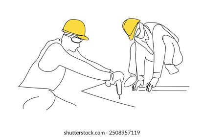  Continuous line drawing of repair, professional, hand, people, concept, A construction worker splits a hard surface with a jackhammer. Day of builder. One line drawing for different uses. 