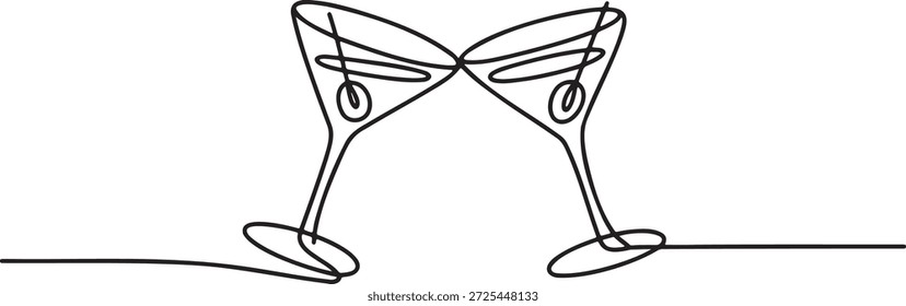 Desenho de linha contínua representando a celebração com dois vidros martini clinking na torrada Simples minimalista ilustração de arte de linha única para eventos de festa ocasiões especiais ou conceito de torcida Elegante monocromático estilo doodle esboço desenho em plano de fundo