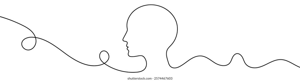 Continuous line drawing representing human head, isolated on white background. Line art of human head