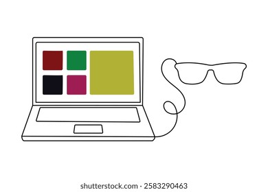 Continuous line drawing representing a modern laptop computer on  black and white background