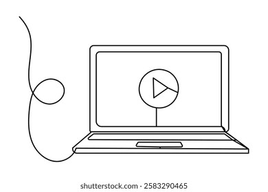 Continuous line drawing representing a modern laptop computer on  black and white background