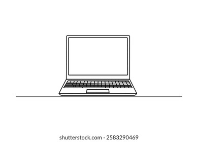 Continuous line drawing representing a modern laptop computer on  black and white background