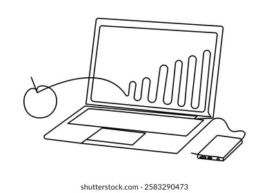 Continuous line drawing representing a modern laptop computer on  black and white background