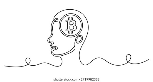 Continuous line drawing representing a person thinking about bitcoin and cryptocurrency Vector, illustration