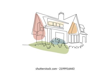 Continuous line drawing of residential house with plants