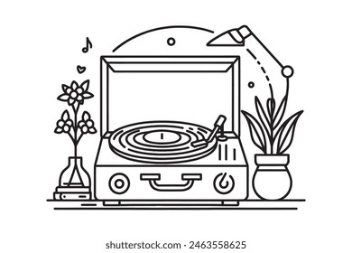 continuous line drawing of retro classic portable music vinyl player. vector illustration, graphics