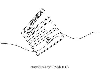 Continuous line drawing of retro old classic movie board clapper and film reel. One single line art vintage film scene taker item concept design graphic