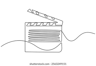 Continuous line drawing of retro old classic movie board clapper and film reel. One single line art vintage film scene taker item concept design graphic