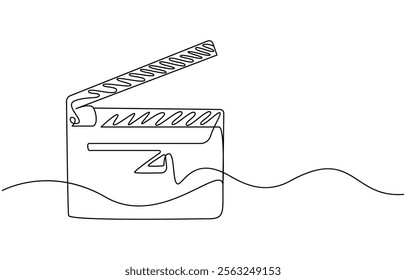 Continuous line drawing of retro old classic movie board clapper and film reel. One single line art vintage film scene taker item concept design graphic