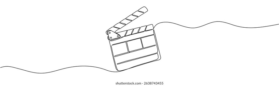 Continuous line drawing of retro old classic movie board clapper and film reel. One single line art vintage film scene taker item concept design graphic vector illustration Editable stroke