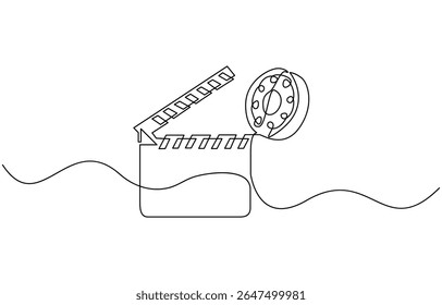Continuous line drawing of retro old classic movie board clapper and film reel, Movie scene episode production concept. Vector illustration isolated on white.