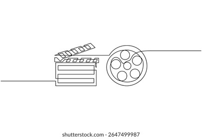 Dibujo de línea continuo de clapper de tablero de película clásico retro y carrete de película, concepto de producción de episodios de escena de película. Ilustración vectorial aislada en blanco.