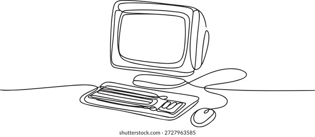 Dibujo de líneas continuo de la configuración retro de la computadora personal con monitor, teclado y mouse, arte de una sola línea. PC de sobremesa Antiguas que simboliza la computación clásica y la tecnología temprana. Diseño de contorno simple sobre fondo transparente.