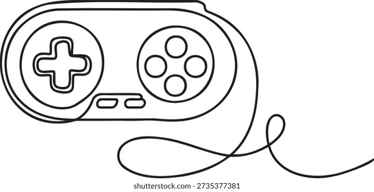 Continuous line drawing of retro video game controller. Single line art vector illustration of gaming device. Vintage gamepad drawing. Game controller sketch. Console controller single line art. Drawing of game console on transparent background. Gamepad with joystick and buttons.