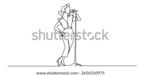 Continuous line drawing of a retro-style female singer holding a microphone on stage. Minimalist illustration representing music, performance, elegance, and vintage fashion