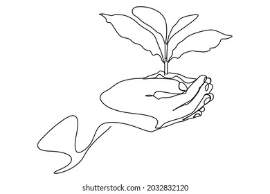 continuous line drawing return to nature with hands holding trees concept of growing and loving the world
