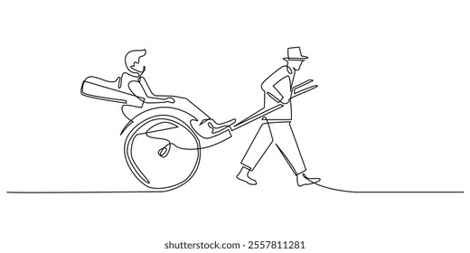 continuous line drawing of a rickshaw pulling.one line drawing portrait of traditional Japanese transport.single line of man in traditional clothes pulling a rickshaw with passengers