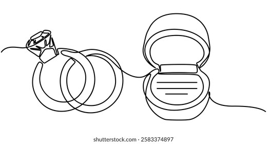 Continuous line drawing. Ring in a gift box. Valentine's day. Template for love cards and invitations. Isolated on white background. Hand drawn illustration, Jewelry Diamond Ring Symbol Drawing.