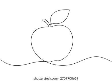 Desenho de linha contínua de uma maçã vermelha madura com um caule e folha. ilustração