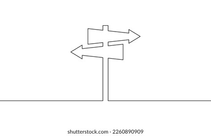 Dibujo continuo de la flecha de señalización de la ruta. Flechas izquierda y derecha. Elemento de diseño, plantilla. Objeto de una línea, arte de una sola línea, ilustración vectorial