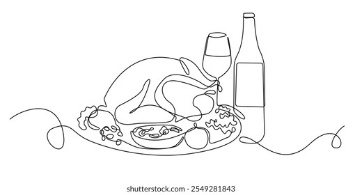 durchgehende Linienzeichnung von gebratenem Truthahn Thanksgiving-Diner-Menü.eine Linienzeichnung von gebratenem Truthahn mit Flaschengetränk.einzelne Linie, Vektorgrafik.isolierter weißer Hintergrund