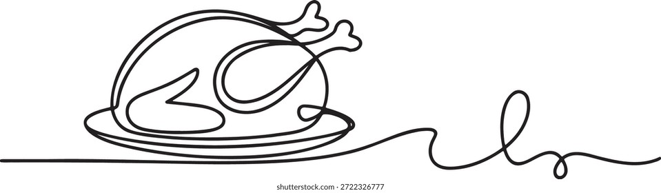 Dibujo de línea continuo de pavo asado en bandeja Concepto de cena de acción de gracias Ilustración de diseño mínimo Comida de aves de corral festiva Estilo de línea única Contorno negro sobre fondo transparente Línea continua única Dibujar comida navideña tradicional Arte vectorial de estilo mínimo