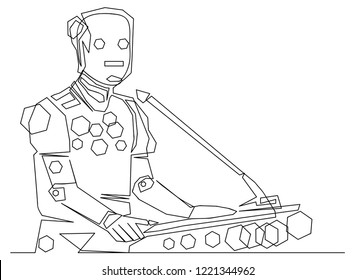continuous line drawing of robot coach talking before audience vector illustration.