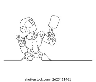 Continuous line drawing of a robot presenting or speaking, holding a speech bubble, futuristic minimalist concept, ideal for communication, AI, tech talks, and innovation themes.