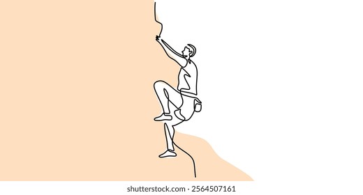 Continuous line drawing of a rock climber scaling a wall, symbolizing endurance and athleticism in outdoor sports. Minimalist design for fitness and healthy living. Vector illustration hand drawn.