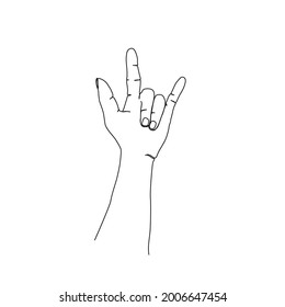 Continuous line drawing of rock on hand sign symbol . Heavy metal hand gesture line art with active stroke. 