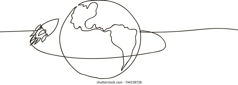 Continuous line drawing. Rocket is flying in orbit around the planet Earth. Vector illustration - Shutterstock ID 744158728