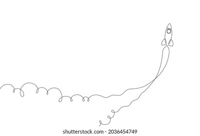 Continuous line drawing rocket launch, a minimal single line business startup concept, rocket flying up with trail left behind, a metaphor of quick development or cryptocurrency or stock market grows