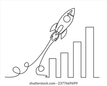 continuous line drawing of Rocket launch, ship and increasing up arrows bar graph.Continuous line drawing. Startup business. Vector illustration. Isolated on white background. 