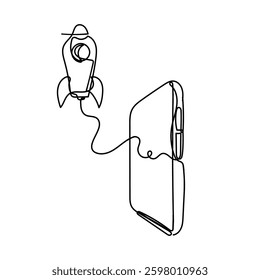 continuous line drawing rocket launch from phone