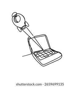 continuous line drawing rocket launch from laptop illustration